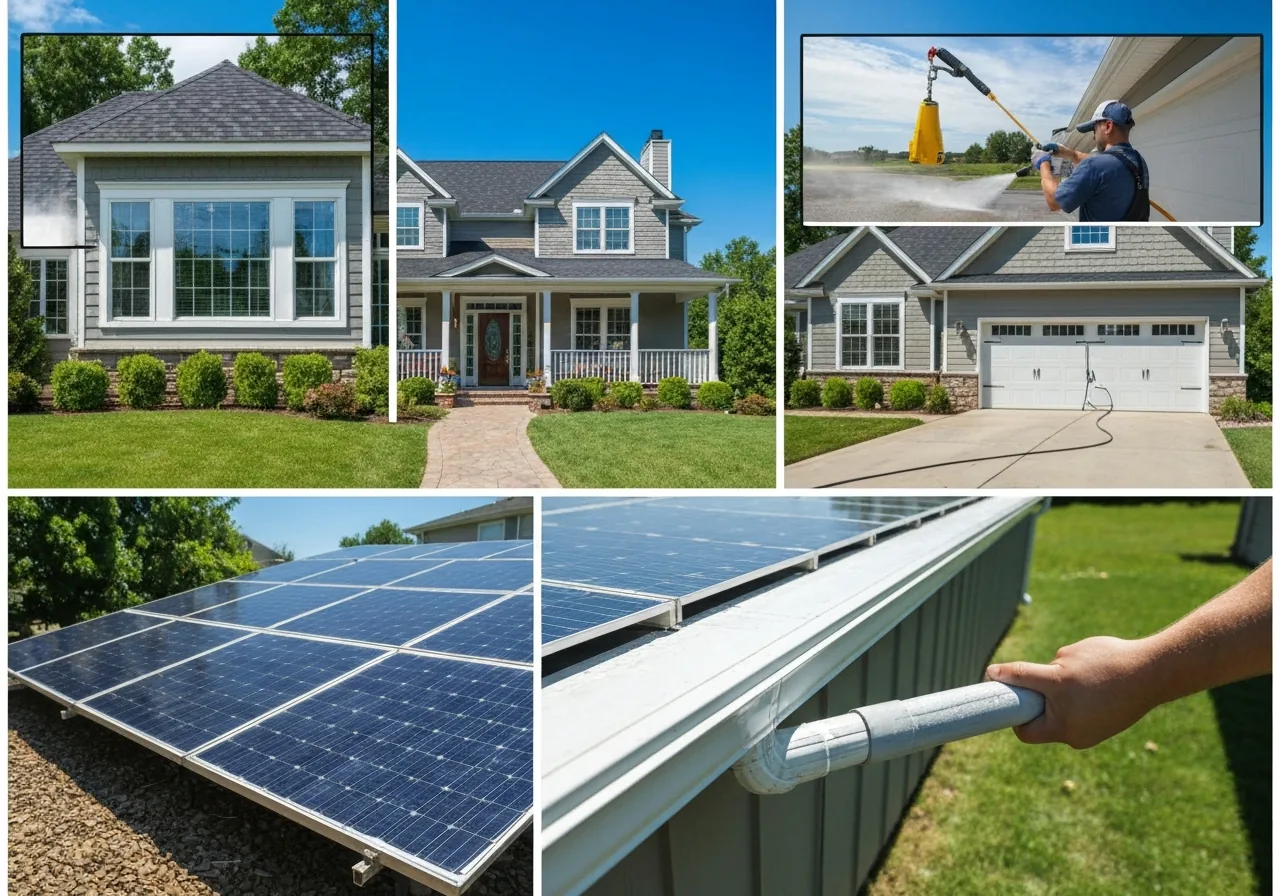Collage of Time to Shine services on a Las Vegas Valley home: window cleaning, pressure washing, solar panels, and gutter cleaning