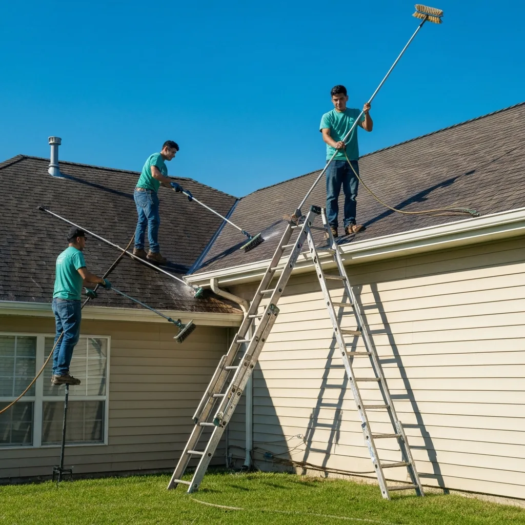 Time to Shine crew cleaning windows and roofline on a Las Vegas home